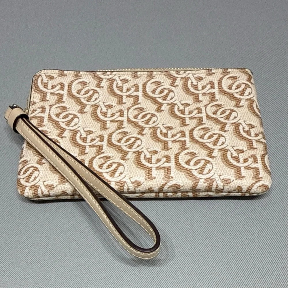 Coach Beige and Tan Monogram Wristlet